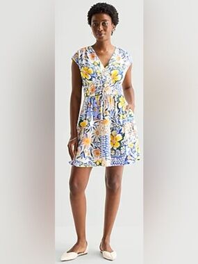 Chetta B Floral V-Neck Drawstring Mini Dress - Blue, Yellow, Pink
